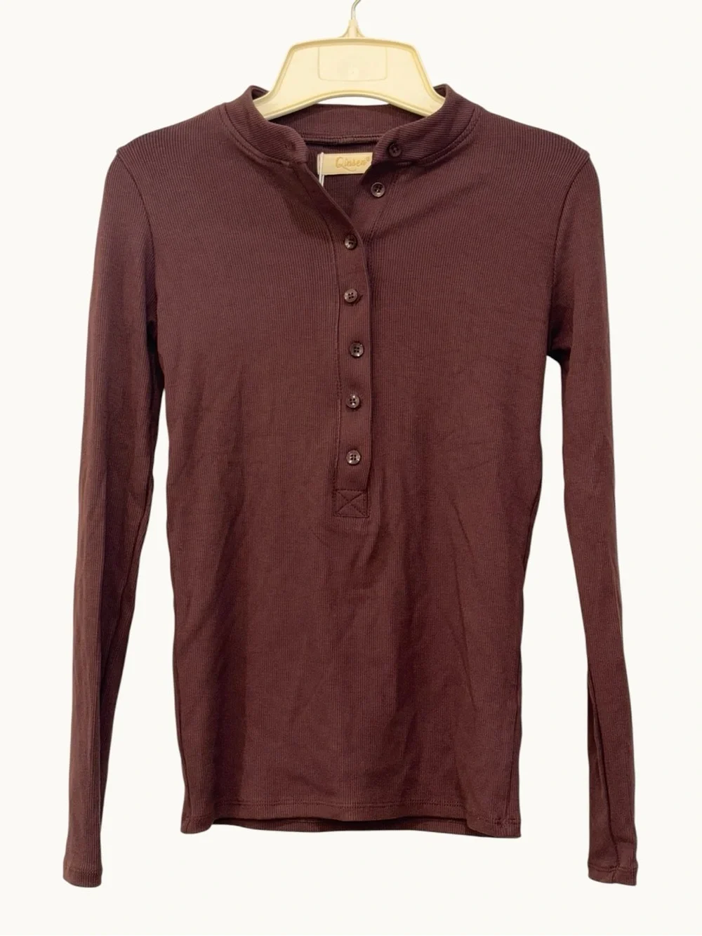 QINSEN Ribbed Long Sleeve Button Neck Top Brown Small NWT